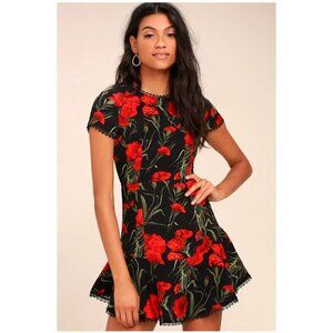Lulus NWT Sweet Talking Black With Red Floral Print Mini Dress Small, Whimsigoth